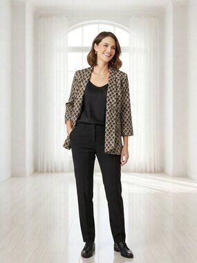 Anne Klein Chevron Print Open Blazer Jacket Black Tan Shoulder Pads